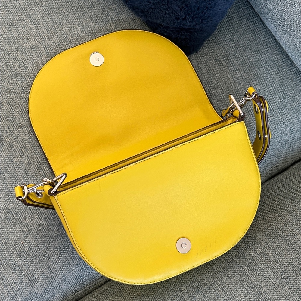 DKNY Bright Yellow Leather Saddle Crossbody with Silver Chain - Picture 7 of 9